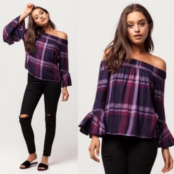 Ivy & Main Tilly's Purple Plaid Smocked Off the Shoulder Top Large NWT - Picture 2 of 9